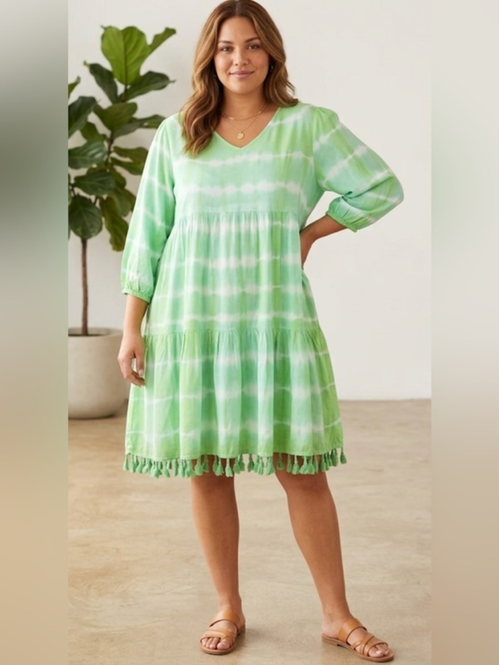 Green Tie-Dye Tiered Tassel Hem Dress XXL